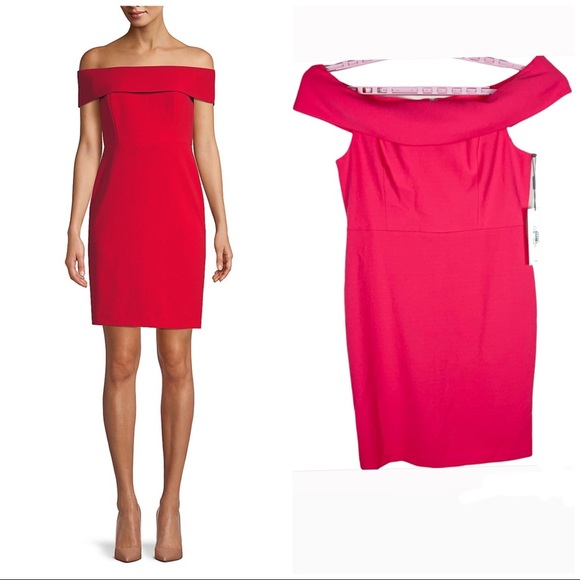 Calvin Klein Dresses & Skirts - CALVIN KLEIN Womens Coral Short Sleeve Off Shoulder Knee Length Dress Petite s12